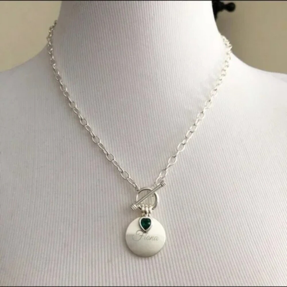 Engraved Silver Tone Toggle Heart Necklace Fiona
